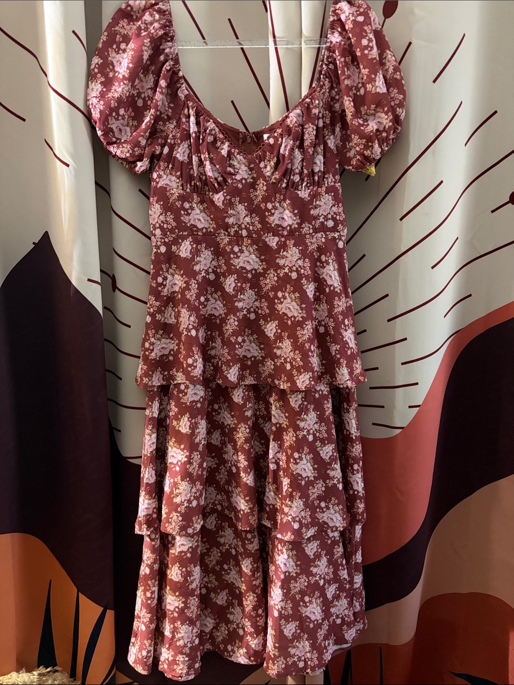Altar'd State Dusty Rose Floral Puff-Sleeve Tiered Midi Dress